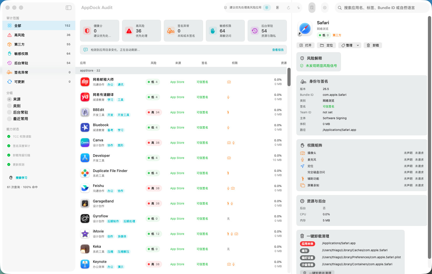 App Dock 审计仪表盘，显示应用列表、风险指标、权限矩阵和一键卸载清理区域